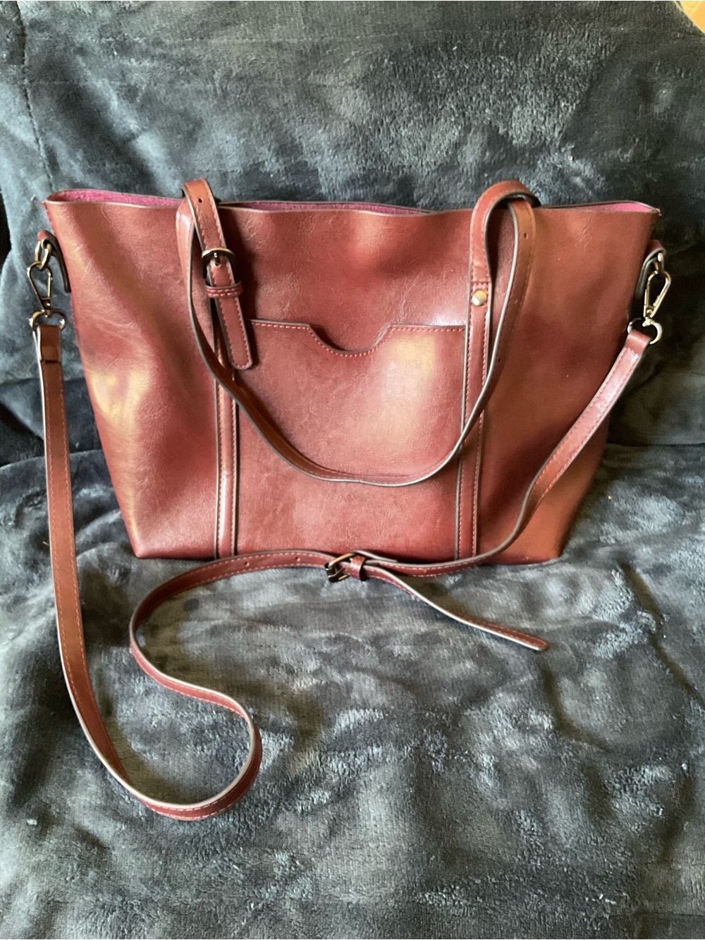 Women's Burgundy Leather Tote Bag with Removable Strap